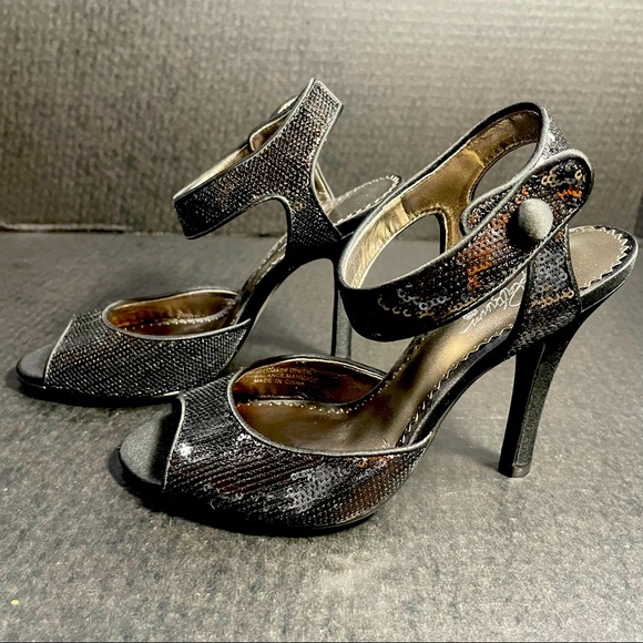 BNWT Premium Bp Black satin & sequins open toe strappy heeled sandals 5.5M TTS - Picture 4 of 13